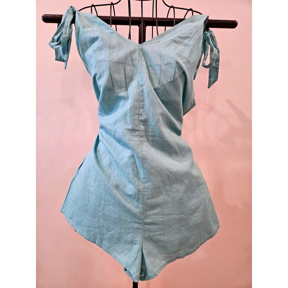 Victorias Secret‎ Swim Romper Light Blue Linen Blend Tie Shoulder Pockets M NWT